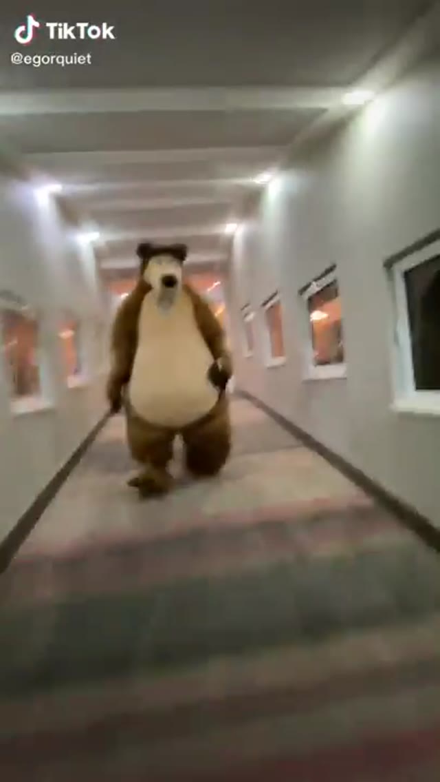 Bear Costume Running Down Hallway Original Video green screen