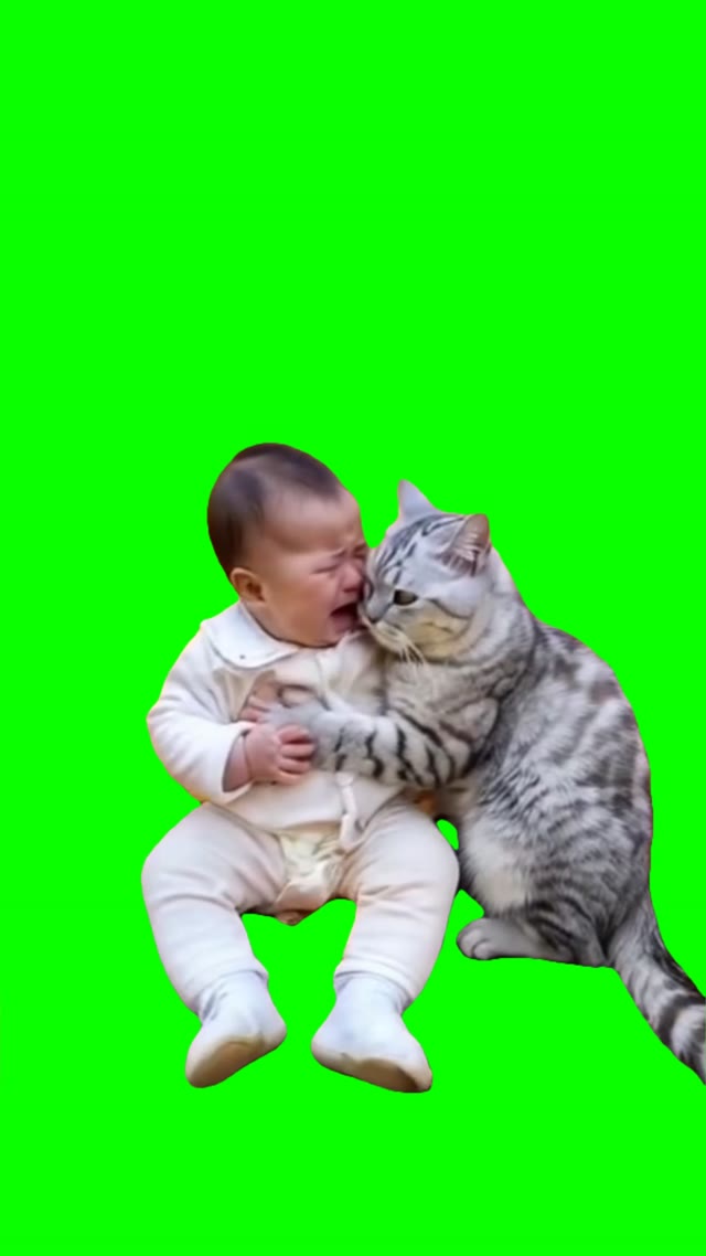 Kid crying with cat green screen